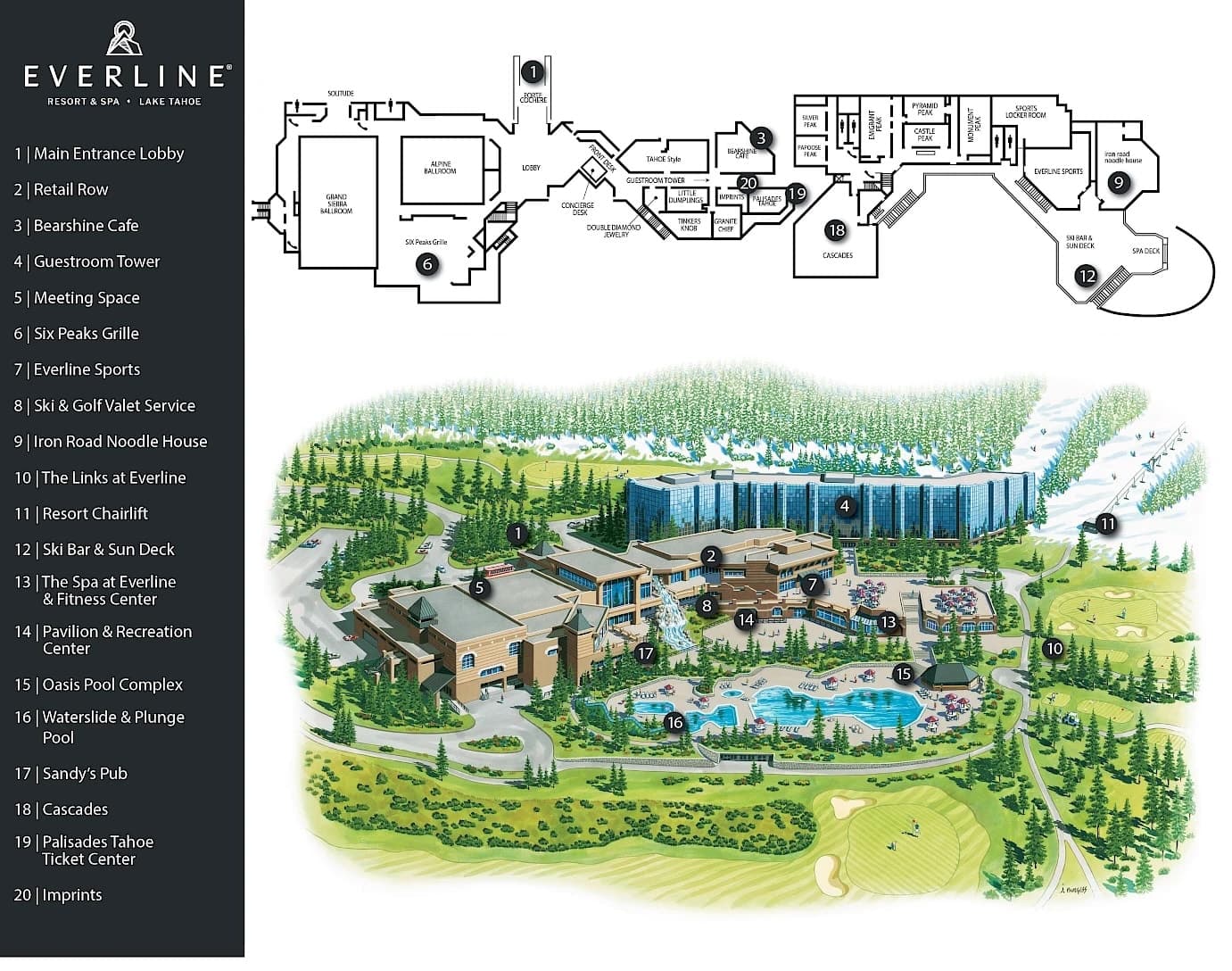 Illustrated resort map of Everline Resort & Spa showing all 20 numbered amenity locations